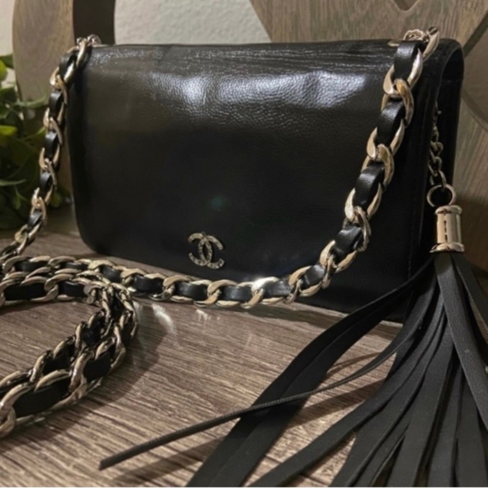 🐼🖤Chanel Sevruga CC Logo Wallet Chain Silver Tone Hardware Crossbody Tassel